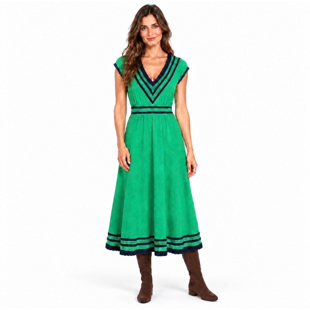 Boden Green Navy Blue Crochet Trim V-Neck Midi Knit Dress US 10 UK 14 D0187